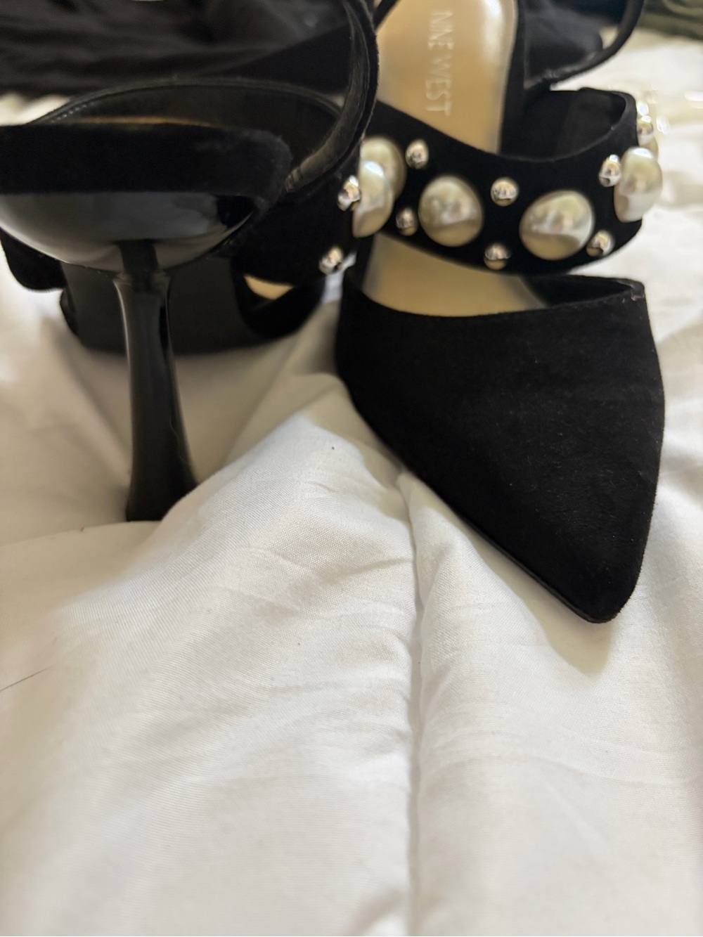Nine West Black Suede Pointed-Toe Heels with Pearl & Crystal Strap